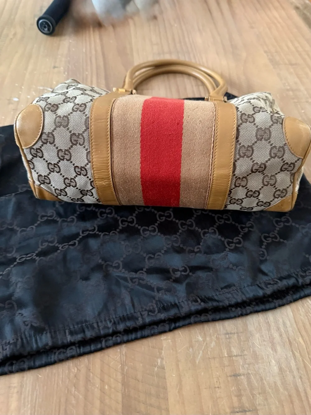 Gucci Beige Logo Canvas Shoulder Bag with Red Center Stripe